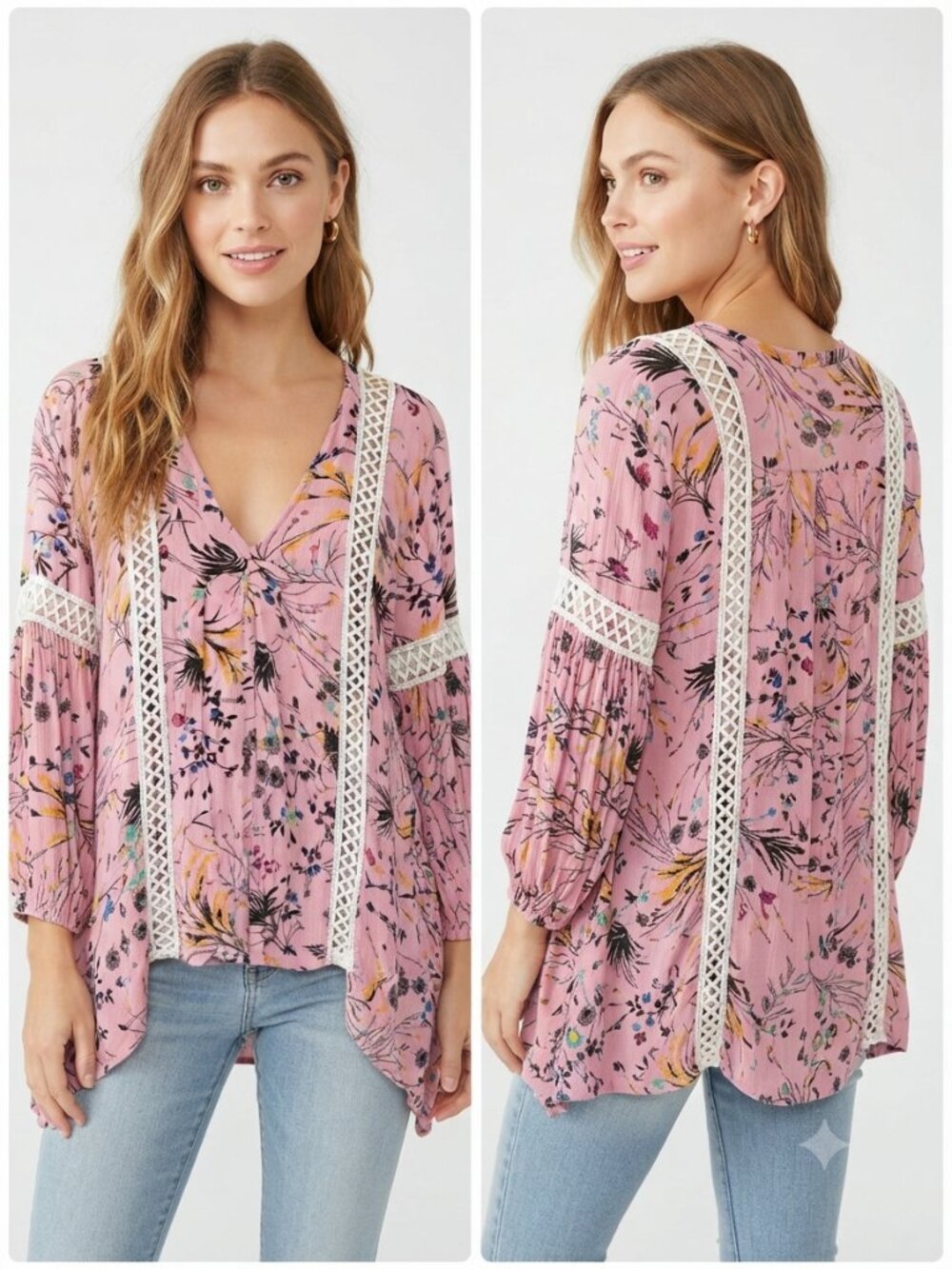 Chicwish Pink Floral Boho with Crochet Lace Trim Size S Cottagecore Peasant Top